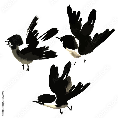 Watercolor vector illustration of bird. Traditional chinese ink and wash painting