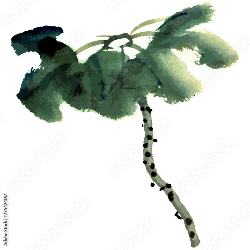 Vector watercolor illustration of lotus flower composition. Chinese ink and wash painting