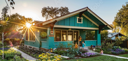 The glaring midday sun casting stark light on a bright teal Craftsman style house, suburban activity visible with children playing and gardens thriving, clear and lively