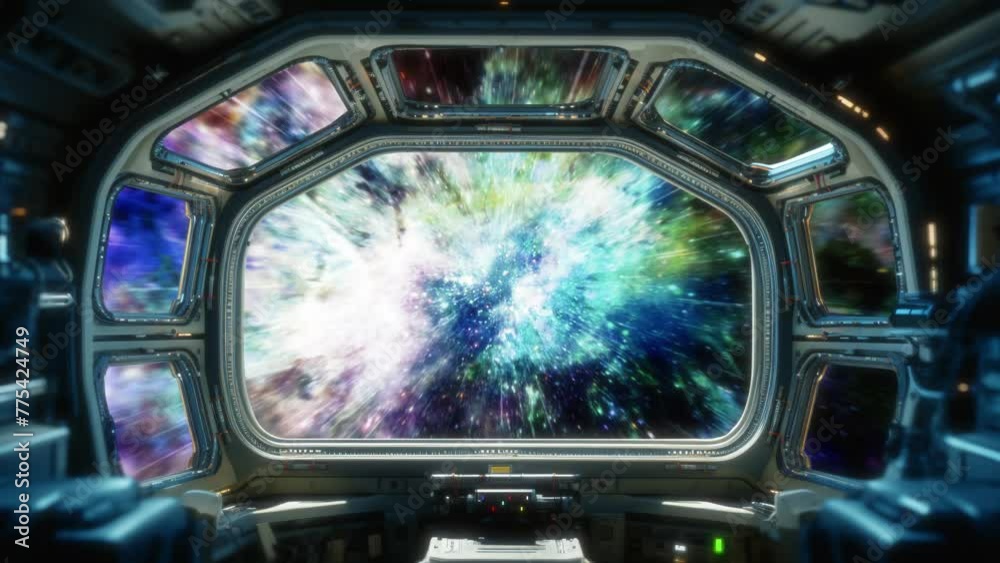 Traveling into space at the speed of light. View from inside the spacecraft cabin