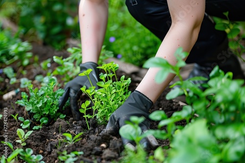 A girl in black gloves is gardening