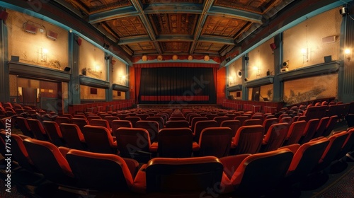 movie theater with red chairs and a big screen in a real theater in high resolution