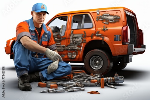 A skilled mechanic in a navy blue uniform is sitting next to an open orange van hood, surrounded by various tools. He looks confident and ready to tackle any mechanical challenge that comes his way.