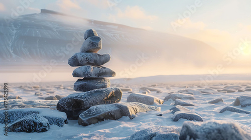 Inukshuks standing sentinel on the frozen landscape