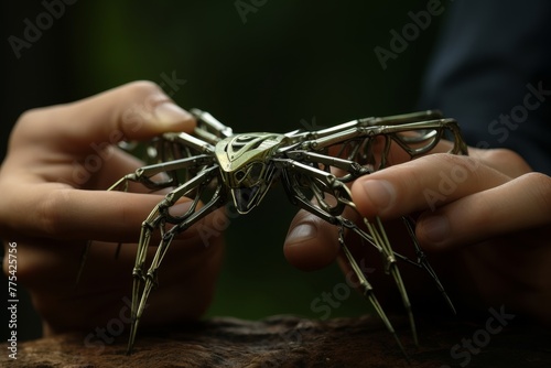 A brass spider sculpture delicately cradled in a hand. Crafted with intricate details, this lifelike sculpture showcases beauty and craftsmanship. photo