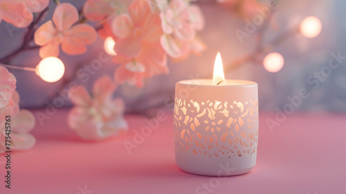a Candlelight on a pink background, in the style of cinquecento, captured essence of the moment, layered expressiveness, intricate cut-outs backgrounds,  photo