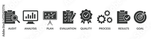 Assessment banner web icon vector illustration for accreditation and evaluation method on business and education with audit, analysis, plan, evaluation, quality, process, results and goal icon