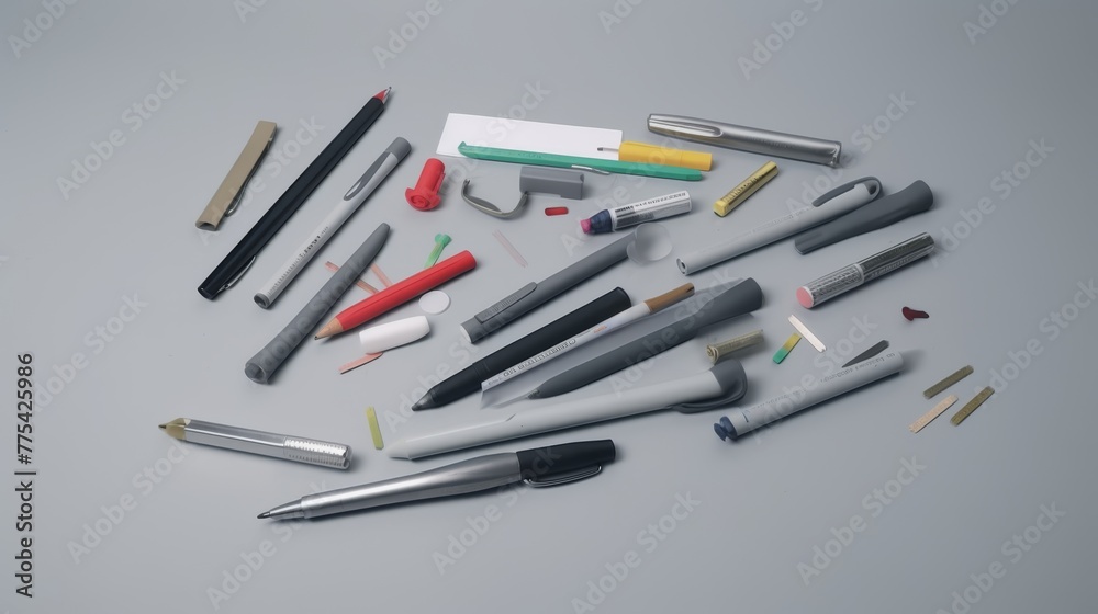 set of pens, pencils, erasers and other office supplies scattered on a plain gray background, minimalism, 4k resolution, no text, no inscriptions, no advertising --ar 16:9 --quality 0.5 --stylize 0 - set of pens, pencils, erasers and other office supplies scattered on a plain gray background, minimalism, 4k resolution, no text, no inscriptions, no advertising --ar 16:9 --quality 0.5 --stylize 0 -