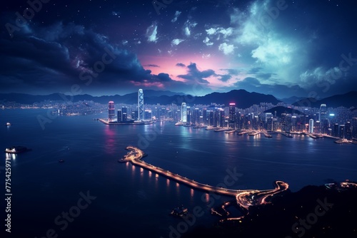 A stunning Hong Kong cityscape at night with colorful sunset, illuminated buildings, and sparkling water. Alive with activity, perfect for vacation or business trip.