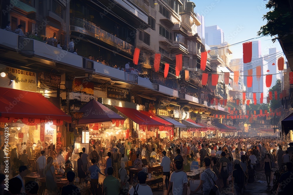 A bustling street market with a diverse crowd browsing through food stalls and shops, vibrant red awnings adding a colorful touch to the lively atmosphere, ideal for shopping and exploration. - obrazy, fototapety, plakaty 