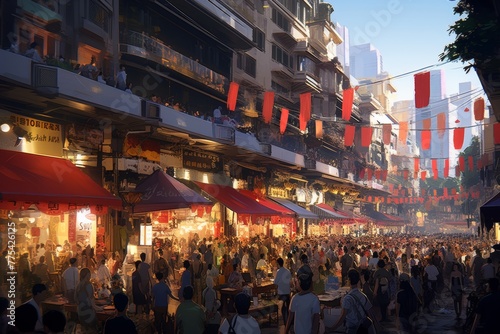 A bustling street market with a diverse crowd browsing through food stalls and shops, vibrant red awnings adding a colorful touch to the lively atmosphere, ideal for shopping and exploration.