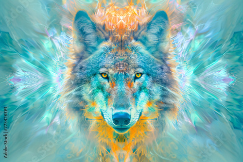 Wolf face with colorful shapes, light blue, god rays, symmetrical, digital airbrushing