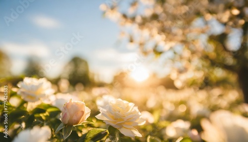 beautiful blurred spring background nature with blooming glade gardenia daisy jasmine rose trees and blue sky on a sunny day