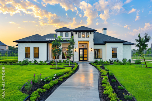 Front view of an opulent newly built home with a flourishing lawn, pathway to a lavishly designed porch, in crisp morning light. © Creative artist1