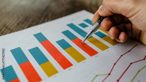 The person is pointing at a graph with their finger, making a gesture to indicate a pattern. The pen makes a circle on the graph, creating an artful display of data photo
