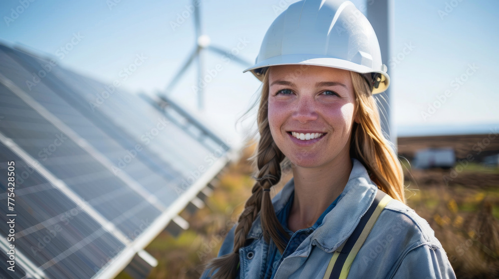Smiling Woman in Safety Helmet at Solar Panel and Wind Turbine. Confident Renewable Energy Worker. Smiling Woman in Safety Helmet at Solar Panel and Wind Turbine. Confident Renewable Energy Worker.