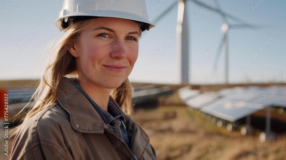 Smiling Woman in Safety Helmet at Solar Panel and Wind Turbine. Confident Renewable Energy Worker. Smiling Woman in Safety Helmet at Solar Panel and Wind Turbine. Confident Renewable Energy Worker.