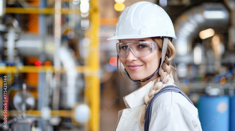 Confident Female Engineer. Smiling Woman in Safety Helmet at Industrial Facility Confident Female Engineer. Smiling Woman in Safety Helmet at Industrial Facility