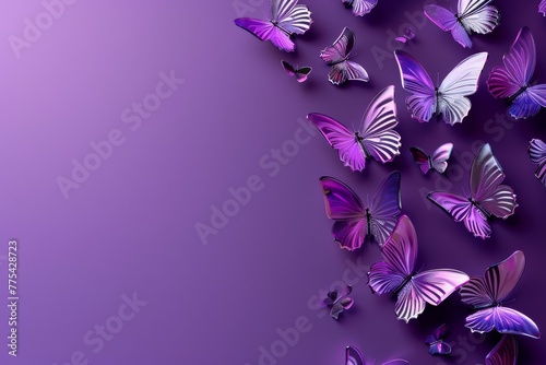 Numerous purple butterflies fluttering against a backdrop of violet flowers. The terrestrial plants provide a stunning contrast to the magenta insects in this macro photography scene