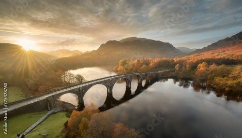 skelwith bridge and loughrigg aerial sunrise lake district england photo