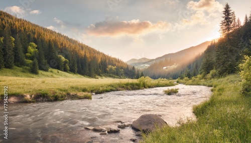 nature scene with mountain river spring vacation in sunny valley of synevyr national park ukraine grassy meadow on the shore ridge in the distance beauty of tranquil ecology environment