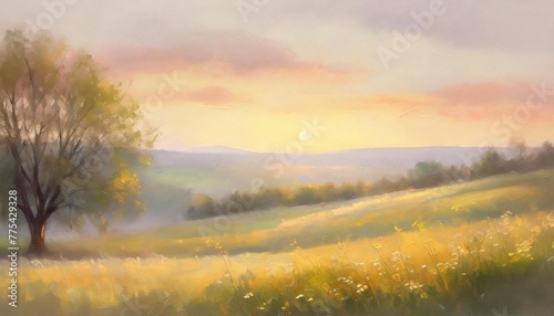 painting style illustration of beautiful spring morning light nature landscape generative ai