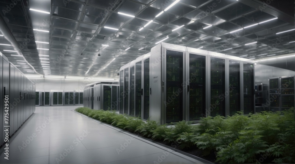 Obraz premium A large room with a lot of computers and plants. Generative AI.