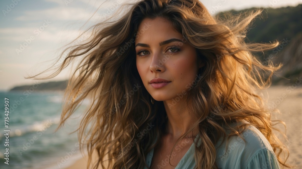 A woman with long hair on a beach next to the ocean. Generative AI. A woman with long hair on a beach next to the ocean. Generative AI.
