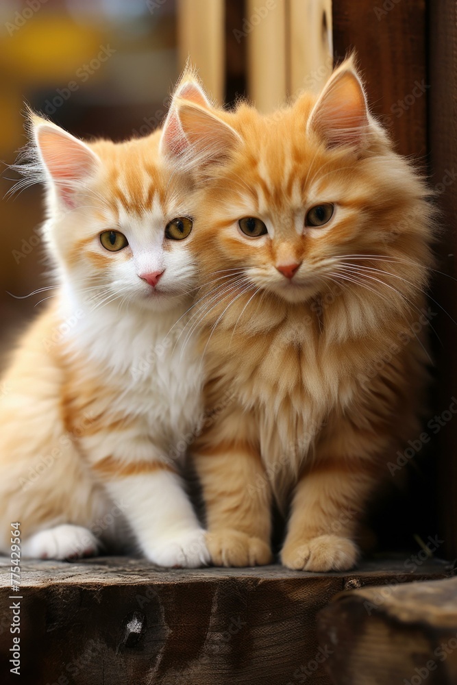 Two orange and white kittens sitting next to each other on a wooden surface. Generative AI. Two orange and white kittens sitting next to each other on a wooden surface. Generative AI.