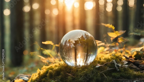 environment concept globe glass in green forest with sunlight