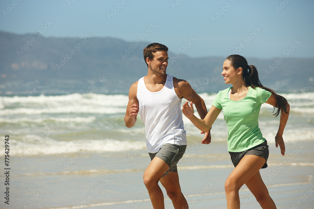 Training, beach and running with couple, fitness and summer with wellness or practice with morning routine. Seaside, energy or man with woman or runner with hobby or activity with exercise or workout Training, beach and running with couple, fitness and summer with wellness or practice with morning routine. Seaside, energy or man with woman or runner with hobby or activity with exercise or workout