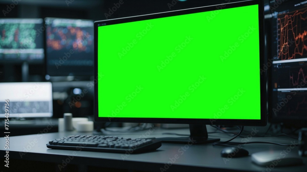 A computer monitor with a green screen on top of it. Generative AI.