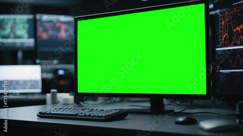 A computer monitor with a green screen on top of it. Generative AI. © serg3d