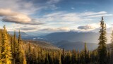 view from mount revelstoke across forest with blue sky and clouds british columbia canada