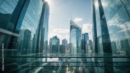 A view of a city skyline from inside the glass building. Generative AI.