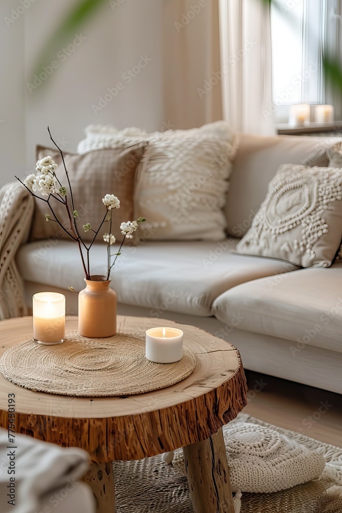 Round wood coffee table in room with grey sofa in scandinavian style Round wood coffee table in room with grey sofa in scandinavian style