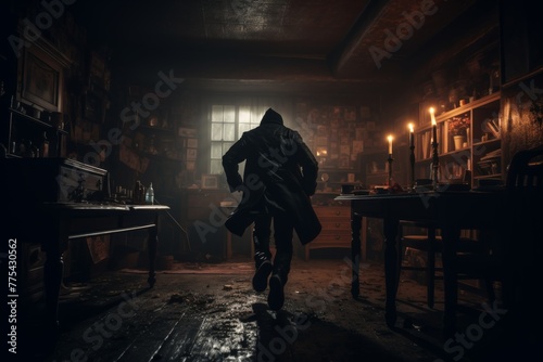Shadowy silhouette of a mysterious figure in a long black coat running through a dimly lit chamber with shelves filled with ancient elixirs, surrounded by flickering candles and a sense of intrigue