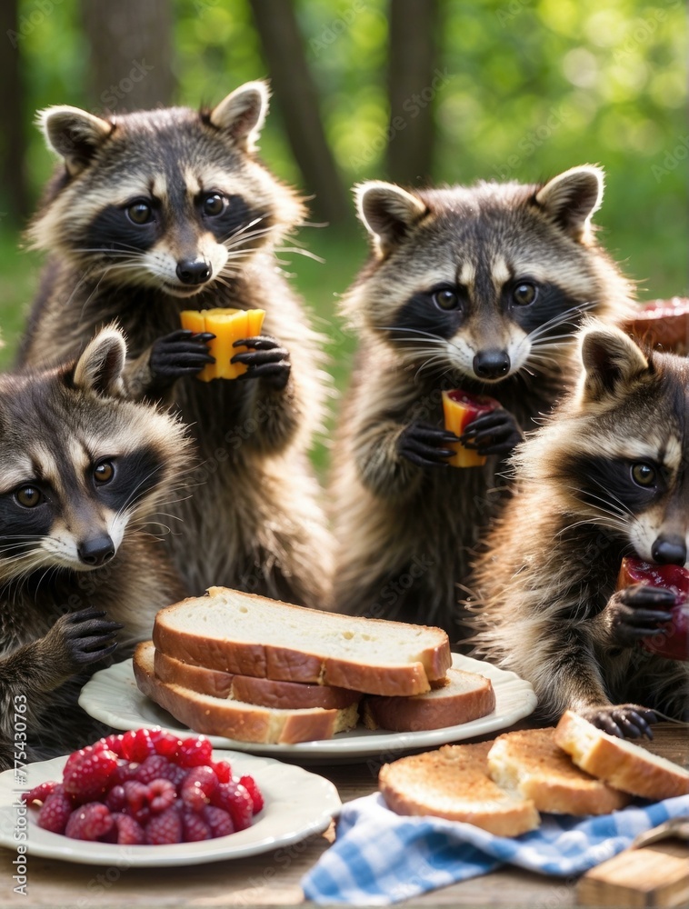A group of raccoons eating food on a table outside. Generative AI. A group of raccoons eating food on a table outside. Generative AI.