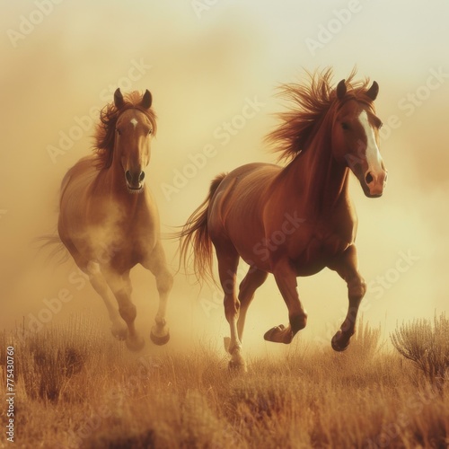 Two horses running in the dust of a dry field. Generative AI.