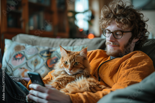 Happy White Man with Cat Enjoying Smartphone at Home