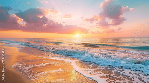 A serene beach with golden sands and gentle waves rolling ashore under a colorful sunset sky photo