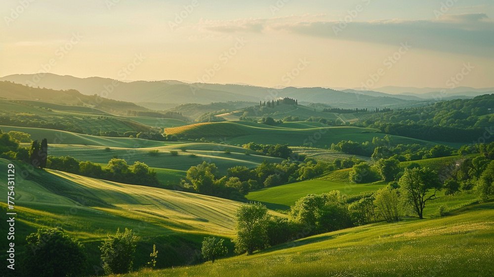 A serene countryside landscape with rolling hills and farmland, symbolizing the agricultural side of finance and rural economies