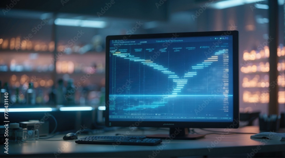 A computer monitor sitting on a desk in front of some bottles. Generative AI. A computer monitor sitting on a desk in front of some bottles. Generative AI.