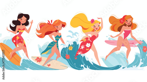 Cheerful mermaids surfing in cartoon retro style. 2