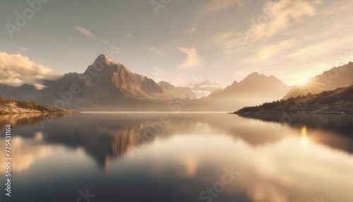3d render fantasy landscape panorama with mountains reflecting in the water abstract background spiritual zen wallpaper with skyline generative ai © Aedan