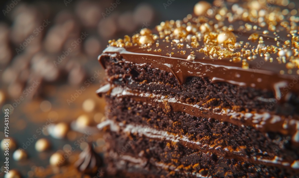 A close up of a chocolate cake with gold sprinkles on it. Generative AI.