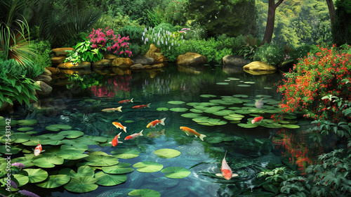 A serene garden pond with lily pads and colorful fish  surrounded by lush greenery and flowering bushes