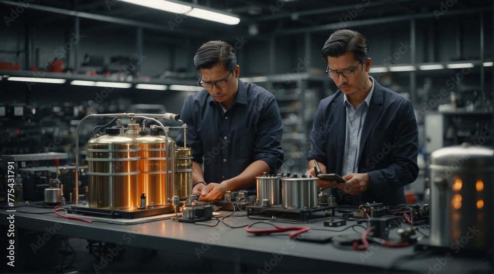 Two men working on a machine in an industrial setting. Generative AI.