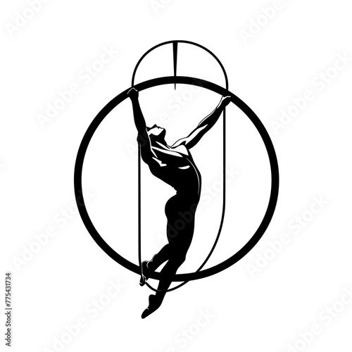 A muscular gymnast performing an aerial ring routine is depicted in a striking white silhouette against a black background, suggesting a minimalist and powerful logo design.