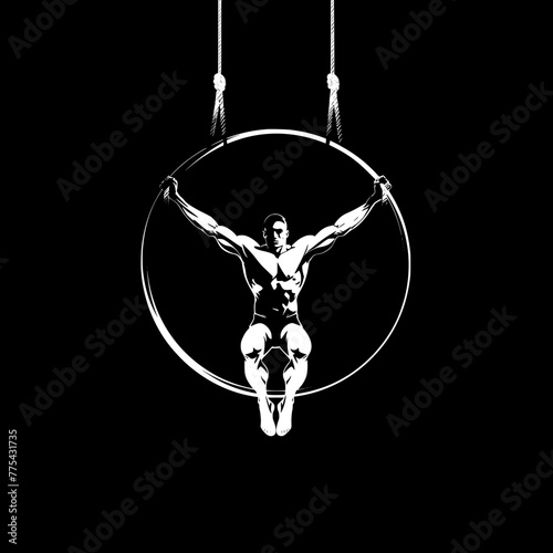 A muscular gymnast performing an aerial ring routine is depicted in a striking white silhouette against a black background, suggesting a minimalist and powerful logo design.